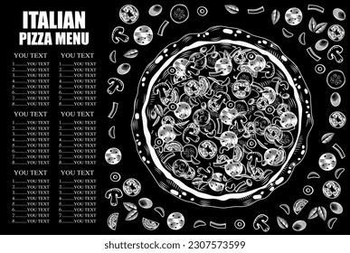 Black and white poster. Big round tasty pizza. Conceptual design of a restaurant menu. Vintage engraving stylized line drawing. Vector illustration.