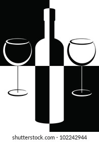 Black and white poster with bottle and wineglasses