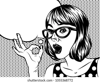 Black and white poster in comic art style of pretty girl with surprised face. A woman with glasses holds a hand and showing ok sign. A Woman's face with a speech bubble over dot pattern background