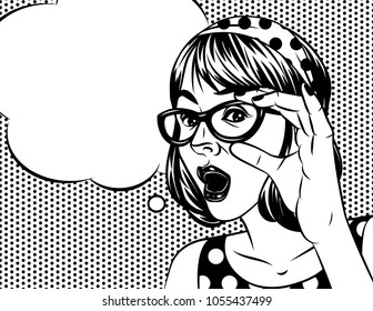 Black and white poster in comic art style of pretty girl with surprised face. Emotional woman holding a glasses. A Woman's face with a speech bubble above dot pattern background