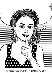Black and white poster in comic art style of an attractive girl  holds her index finger near her lips. Beautiful retro style woman wants to keep a secret.