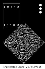 Black and white poster concept. Place for text and presentations. Curved lines inside rhombus. Futuristic and modern art. Template, layout and mock up. Cartoon flat vector illustration