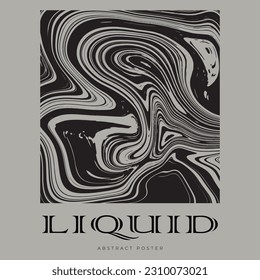 Black and white poster design with liquid and curve ink lines, abstract geometric shapes and place for text. Techno futuristic style for banner, flyer, invitation, business card, and t-shirt