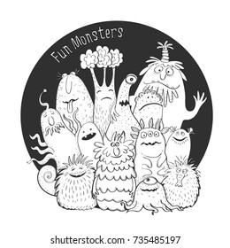 Black and white poster with a group of fantastic funny monsters. Vector illustration for cards, t-shirts, your design