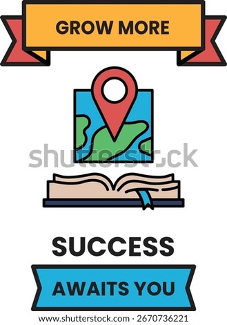 A black and white poster with a map and a book on it. The poster says "Grow more success awaits you"