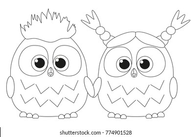 Black and white poster with an owl couple. Coloring book page for adults and kids. Valentine day romantic themed vector illustration for gift card, flyer, certificate or banner