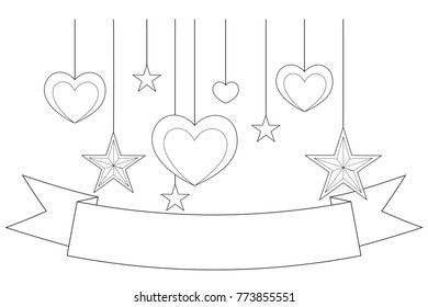 Black and white poster - ribbon, hearts and stars. Coloring book page for adults and kids. Valentine day holiday vector illustration for gift card, flyer, certificate or banner