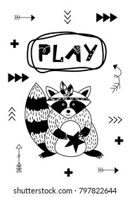 Black and white poster. Vector illustration. Scandinavian style. Play