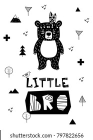 Black and white poster. Vector illustration. Scandinavian style. Little bro