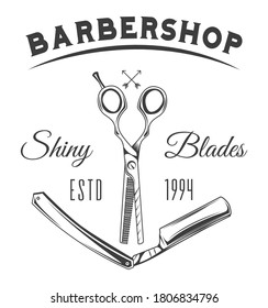 Black and white poster. Vintage barbershop lettering for signboard, label, sticker, poster, print for clothes, logo, advertisement design, template. Barbershop scissors and razor blades. Shiny blades