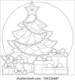 Black and white poster with xmas tree, star, garland light and pile of presents. Coloring book page for adults and kids. Winter holiday vector illustration for gift card, flyer, certificate or banner