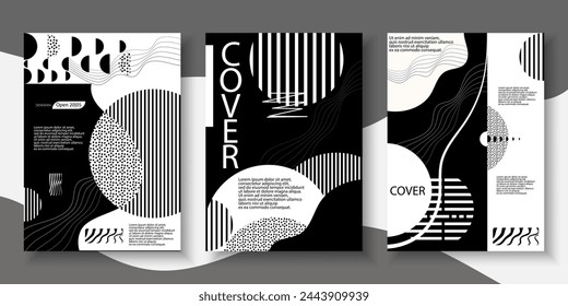  Pósters en blanco y negro Diseño flyer, plantilla.  Formas geométricas abstractas de la distorsión para la identidad corporativa del cuaderno, la marca, la publicidad de los medios sociales, la promoción. 