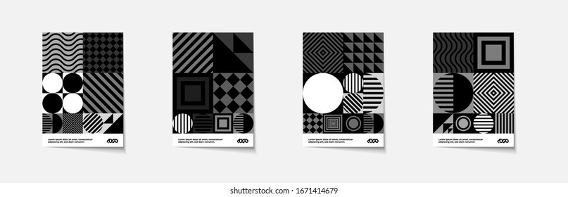 Black and white posters. Minimal geometric cards, covers collection set. Vintage design. Geometric patterns. Gray color. Template. Mockup.