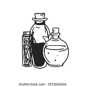 Jares de poción en blanco y negro con líquidos mágicos. Viejas botellas de corcho y viales de veneno, elixir, mezclas y tintura de hierbas. Ilustración vectorial monocromática aislada en fondo blanco