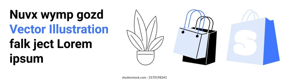 Black and white potted plant beside two shopping bags, one black and white and another blue. Ideal for online shopping, retail, e-commerce, sale promotions, and advertising concepts.Landing page