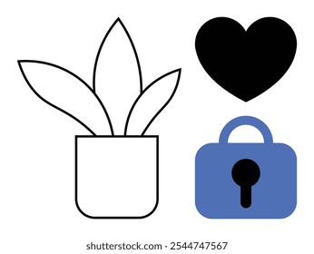 Black and white potted plant, black heart, and blue lock illustrated in minimalist style. Ideal for home decor, love themes, security concepts, minimalist design, and vector art. Clean design