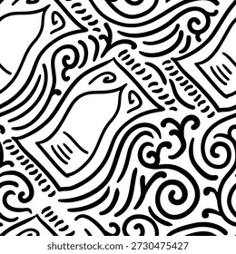 Black and white prayer mat and doodle seamless pattern. Hand drawn doodle and illustrations for sticker, postcard, wallpaper, mural, fabric, prints, etc