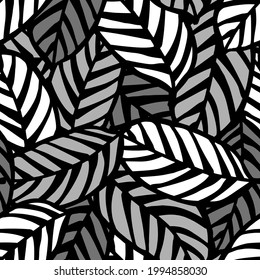 black and white prayer plant leaves seamless pattern, endless repeatable layered foliage texture 