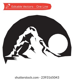 Black and white premium mountain logo. Simple line drawing of matterhorn mountain silhouette with semicircular frame. Vector illustration of Matterhorn mountain logo. Full moon in an alpine river 