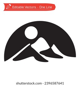 Logo de montaña premium blanco y negro. Silueta de colinas altas en marco semicircular. Ilustración vectorial de las colinas de montaña y luna llena para vacaciones, aventura, escalada, icono de senderismo. 