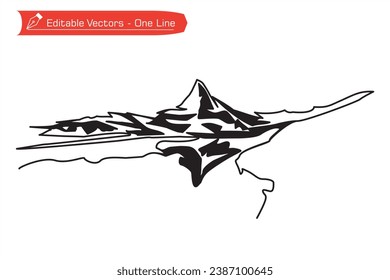 Black and white premium mountains icon. Silhouette of Matterhorn mountain and its shadow over an alpine river. Silhouette Vector illustration of Matterhorn, Zermatt, Swiss Alps, Switzerland.