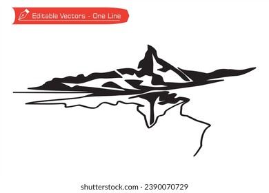 Black and white premium mountains icon. Silhouette of Matterhorn mountain and its shadow over an alpine river. Silhouette Vector illustration of Matterhorn, Zermatt, Swiss Alps, Switzerland.
