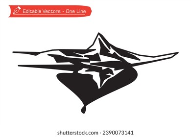 Black and white premium mountains icon. Straight line art of Matterhorn mountain and its shadow over an alpine river. Silhouette Vector illustration of Matterhorn, Zermatt, Swiss Alps, Switzerland.