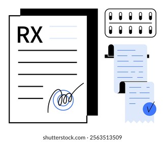 Black and white prescription paper with a signature, medication blister pack, and rolled-up receipts. Ideal for medical themes, healthcare illustrations, pharmaceutical contexts, doctor