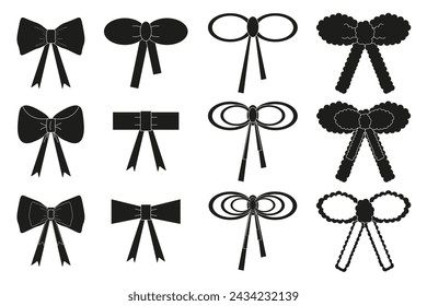Black and white Present Bow with Ribbon set. Black Gift Bow isolated white background. Collection Birthday Ribbon in trendy flat style. Vector illustration EPS 10 Editable stroke.