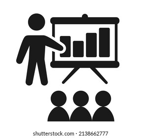 Black and white presentation on whiteboard icon. Education themed vector illustration for leaflet, web site or application decor.