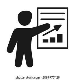 Schwarz-Weiß-Präsentation Sprache Silhouette Symbol Man zeigt Wachstumsdiagramm. Vektorgrafik für Webseiten oder Anwendungen
