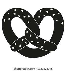 Black and white pretzel with sesame seed silhouette. German comfort food pastry. Oktoberfest festival themed vector illustration for icon, sticker, badge, certificate or ad banner decoration