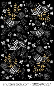 black and white print with birds and plants