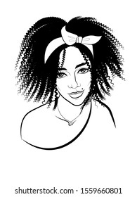 black and white print depicting beautiful girl with African hairstyle