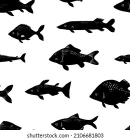 Black and white print of different fish. A pattern for menus, wallpapers, textiles. Fisherman's theme. River and sea fish