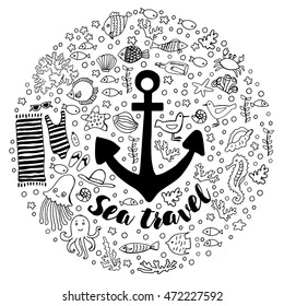 Black and white print doodle sea. Hand graphics. llustration for greeting cards, invitations, and other printing projects.