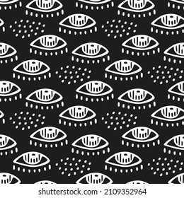 Black and white print with eyes for modern fabric design. Contrasting monochrome ornament with mystical divine gaze. Seamless pattern for creating charms from evil eye. Doodle abstract illustration.