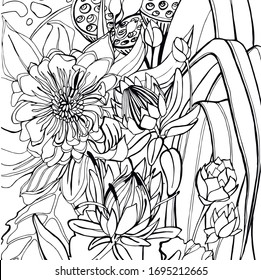 Black and white print with floral elements and tropical flowers. Large leaves, lotus fruits, Protea and flowering bud.