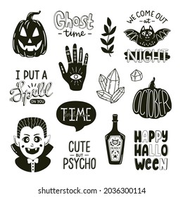 Black and white print with Halloween elements. Spooky decorative elements and typography. Vector hand drawn illustrations and lettering. Perfect for party decorations, logo, t-shirt design. 