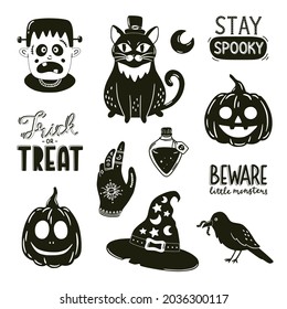 Black and white print with Halloween elements. Spooky decorative elements and typography. Vector hand drawn illustrations and lettering. Perfect for party decorations, logo, t-shirt design. 