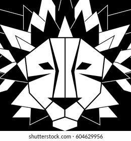 Black white print head of lion in  square. Vector illustration.