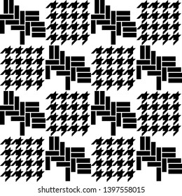 Black and white print with hounds tooth motifs. Seamless pattern for shirts, plaids, coats and other cloth. Retro textile collection. Asymmetric composition.