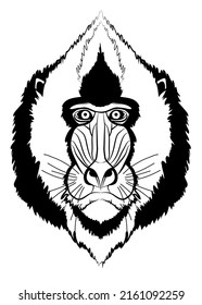 Black and white print with the image of a Mandrill head. Design for textiles or tattoos.