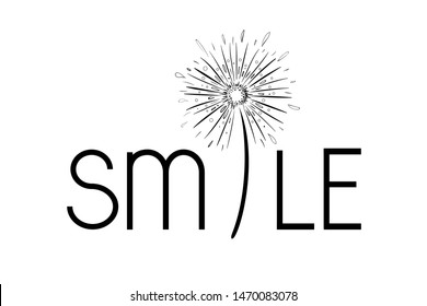 Black and white print on T-shirts with the word smile with the letter I in the form of a graphic sketch of a dandelion. Vector illustration isolated on white background.
