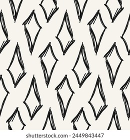 Black and white print with repeat geometric shapes. Hand drawn abstract seamless pattern. Grunge rhombus.