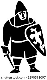 Black and white print style, hand-painted, Western knight in armor, holding shield and sword