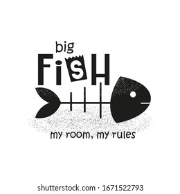 Black and white print for t-shirts, mugs, greeting cards. Big fish skeleton. Vector illustration.