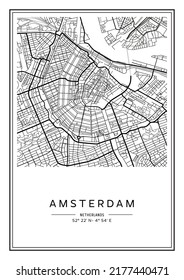 Black and white printable Amsterdam city map, poster design, vector illistration.