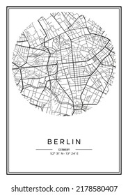 Black and white printable Berlin city map, poster design, vector illistration.