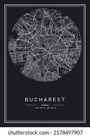 Mapa de la ciudad de Bucarest en blanco y negro, diseño de afiches, listración vectorial.